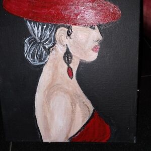 Acrylic Painting Of Lady In Red Hat On 11 By 14 Canvas